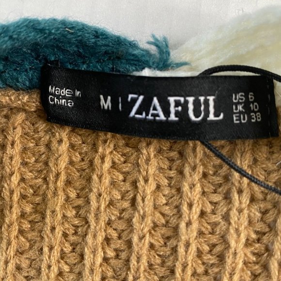 Zaful NWT Womens Blue, Tan, and White Twisted Front Sweater Size M Colorblock - Picture 3 of 10